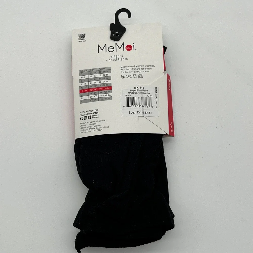 MeMoi Ribbed Tights Girls 12-14 Black Elegant Ribbed MK-215 Nylon Spandex Blend